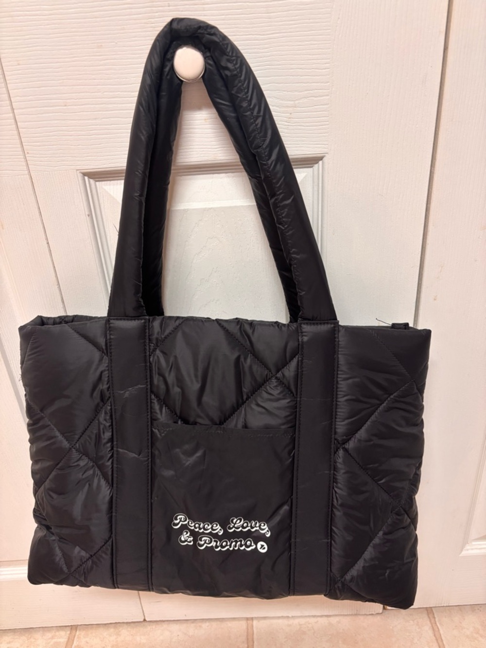 Black Quilted Tote Bag with 'Peace, Love, & Promo' Embroidery